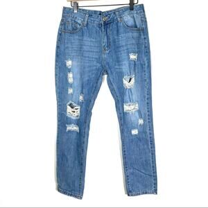 NWT Color 3 high rise medium wash straight legs distressed jeans women's size XL